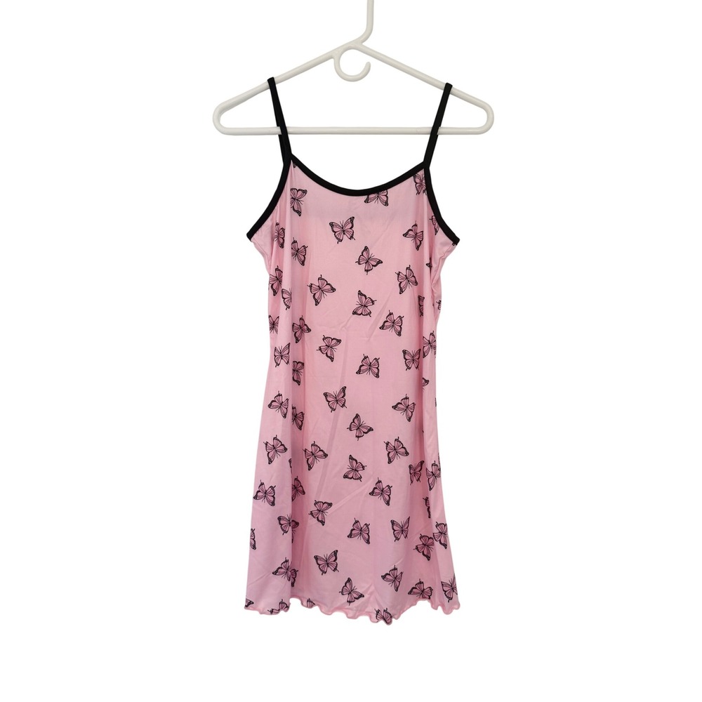 Pink Butterfly Print Nightgown Sleeveless Chemise Lettuce Edge Hem Medium NWOT